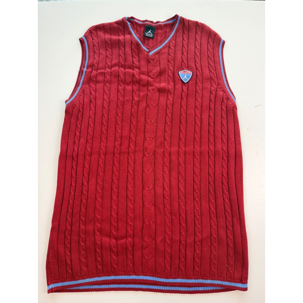 Vintage Jordan Brand Red Cable Knit Sweater Vest Jumpman Shield Logo Mens 3XL